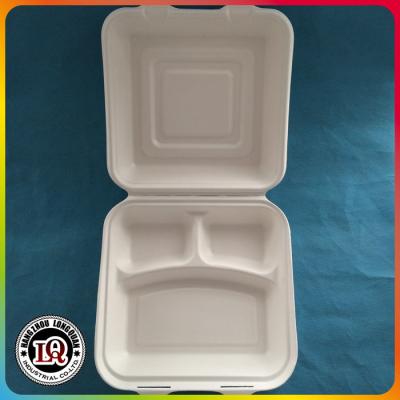 China 8" disposable three compartments bagasse take away clamshell packaging box for sale