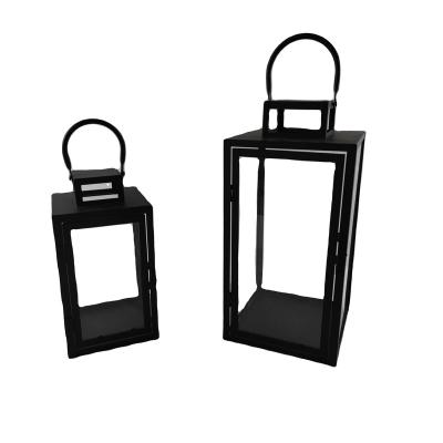 China Europe Decorative Candle Lantern Black Metal & Glass Paneled Lantern Table Decoration for Garden Wedding Party Use 2 sizes for sale