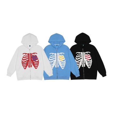 China 80% Cotton 20% Polyester Anti-Shrink Skeleton High Street Custom Printing Oversized Zipper Up Sports Hoodies for sale