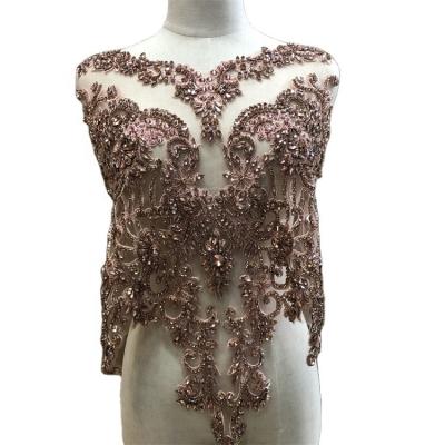 China Handmade Crystal Beaded Flatback Bodice Lace Applique, Front V Collar Body Vintage Style Rhinestone Patches for sale