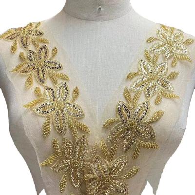 China Handmade Crystal Beaded Flatback Bodice Lace Applique, Front V Collar Body Vintage Style Rhinestone Patches for sale