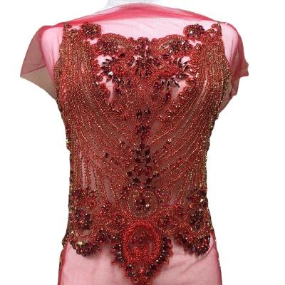 China Handmade Crystal Beaded Flatback Bodice Lace Applique, Front V Collar Body Vintage Style Rhinestone Patches for sale