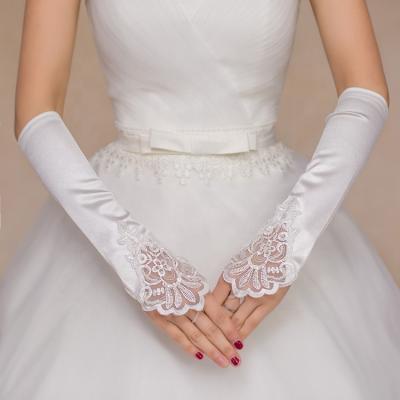 China ELBOW Bride Satin Bow Lace Mittens Long Wedding Hand Gloves In-Stock Items for sale