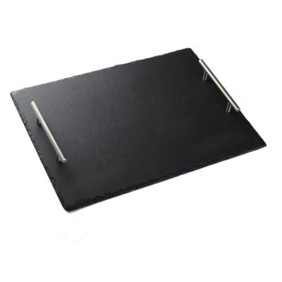 China Homemate Sustainable Factory Direct Wholesale 40x30cm Natural Black Slate Board With Stainless Steel Handles for sale