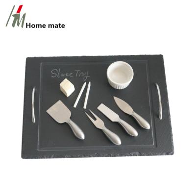 China Sustainable Popular Natural Europe Rectangle Slate Serving Tray With Ceramic Bowls And Stainless Steel Knife for sale