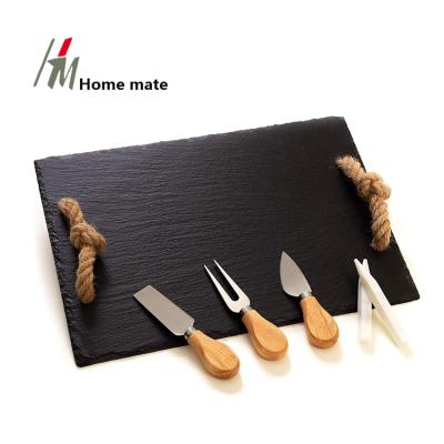 China Stocked natural black home decor slate cheese board with rope handles and knife chalks for sale