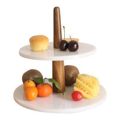 China 2 Tier Viable Wholesale White Marble Round Stone Cake Stand With Lifting Wooden Stand for sale