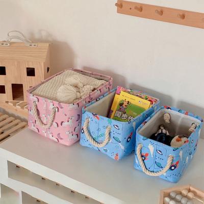 China Durable Linen Dirty Laundry Hamper Kids Organizer Box Toy Storage Baskets Desktop Sundries Underwear Books Storage With Handle for sale