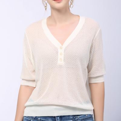 China 2021 RTS Summer V-neck T-shirt Women's QUICK DRY Short Sleeve Loose Soft Canvas Knit Breathable Button Top Lightly for sale