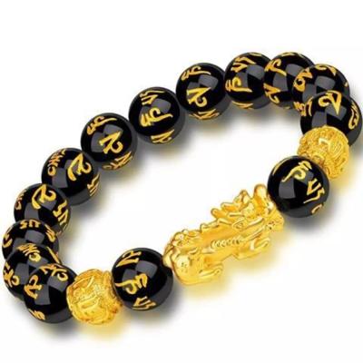 China Black Obsidian Feng Shui Pi Xiu Bracelet 12mm Hand Carved Feng Shui Pi Xiu Wealth Bracelet Incantation Stone Bracelet For Men for sale