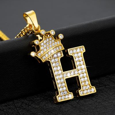 China Hiphop Crystal Zircon Crown Initial Letter Chain Pendant Necklaces for sale