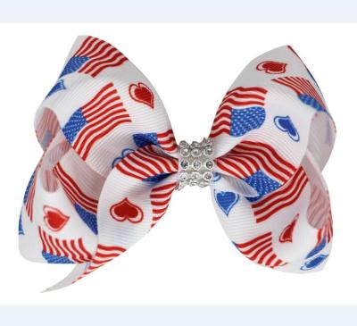 China Independence Day daily 4th of July hairpin bow printed America flag hair bows with clip for sale