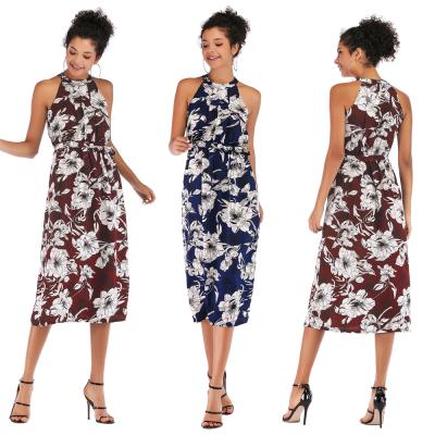 China Wholesale Elegant Halter Sleeveless Summer Floral Print Anti-wrinkle SA5942 Chiffon Women Casual Dresses for sale