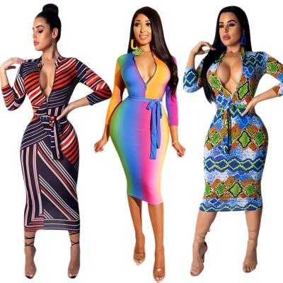 China SACM294 Zipper Design Print Bandage Sustainable Bodycon Plus Size Women Midi Dress for sale