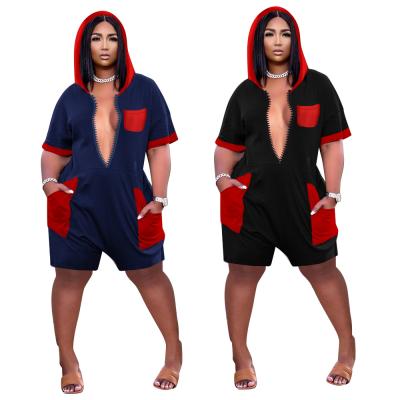 China Viable new product 2022 adult plus size colorblock hooded one piece shorts oversized short rompers women jumpsuit for sale