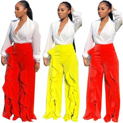 China 2019 New Arrival SAA5095 Viable Waist Autumn Plain Color Ruffled High Wide Leg Pants Elegant Women Fashion Pants for sale