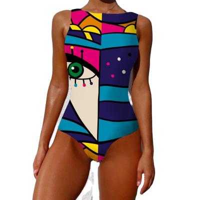 China Summer SACR19468 Designer Print Breathable Sleeveless Backless Sexy One Piece Pattern Abstract Swimwear For Women for sale