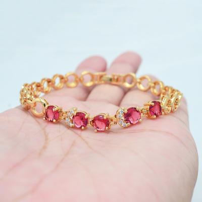 China TRENDY 18K Gold Plated Women Red Round CZ Cubic Zircon Charm Wedding Bracelet Jewelry for sale