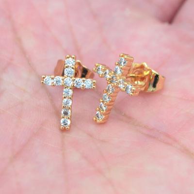 China TRENDY Women Girls 18K Gold Plated Simple Clear CZ Cubic Zircon Stud Earrings Cross Jewelry for sale