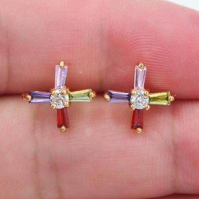 China 18K Gold Plated Trendy Simple CZ Trendy Cubic Zircon Women's Rainbow Stud Earrings Cross Jewelry for sale