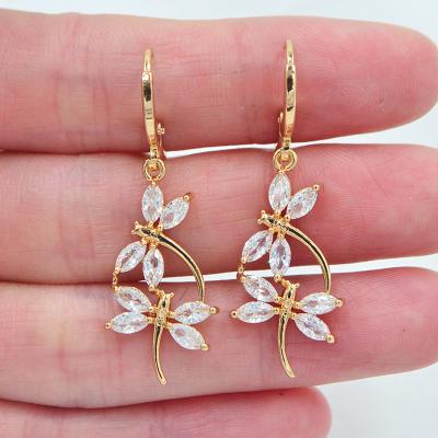 China TRENDY 18K Gold Plated Women's CZ Cubic Zircon Dragonfly Dangle Earrings Jewelry for sale