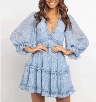 China Anti-Static Women Dress O-neck Floral Print Long Sleeve Ruffled Ladies Dress Elegant Casual Wear for sale