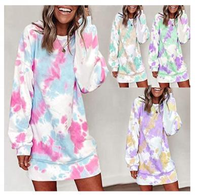 China Anti-Wrinkle Tie Dye Long Sleeve O-Neck Mini Dress Women's T-Shirt Dress Tie Dye Tank Mini Dress for sale