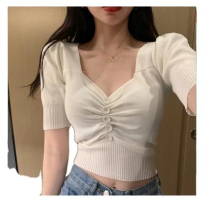 China Anti-Wrinkle Vintage Puff Sleeve Short V-Neck Knitted T-Shirts With Buttons Girls Solid Stretchy Crop Tops For Women for sale