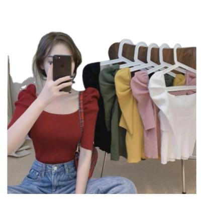 China Anti-Wrinkle Women Slim Puff Sleeve Short Square Collar Cropped Tees Lady Stretchy Knit Crop Tops T Shirts For Girls for sale