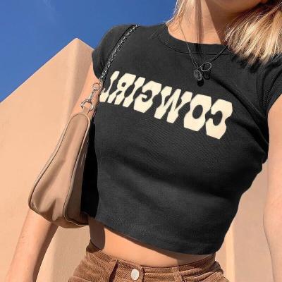 China New Summer Women's Anti-wrinkle O Neck Cotton Crop T-shirts Top Custom Letter Print Women T-shirt Printed T-shirt For Women for sale