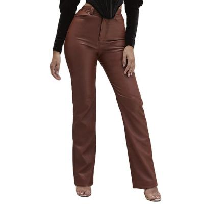 China Fashionable Faux Straight Fuzzy Waist Faux Leather Winter Fashion Pocket Pants Women Office Pants Leather Pants For Women 2021 for sale