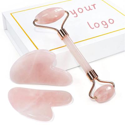 China Custom White Pink Rose Quartz Face Massage Facial Stone Logo Stone Beauty Box Packaging Factory Jade Roller And Gua Sha Sets for sale