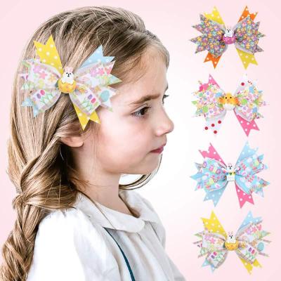 China Wholesale Sweet Easter 4 Inch Hair Bow With Egg And Bunny Hair Clip Girl's Hair Clip Kids Hair Bow Accessory for sale