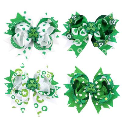 China 4.5 Inch Sweet St Patrick's Day Wholesale Green Bow Children's Irish Shamrock Hair Clip Festival Hair Bow Clip for sale