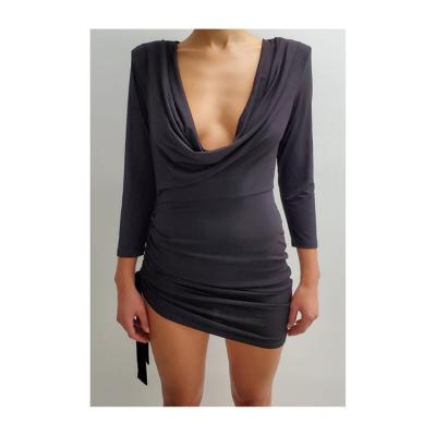 China Factory Price Anti-Static Hot Selling Sexy Pleated Deep Neck V Cowel Sheath Long Mini Dress for sale