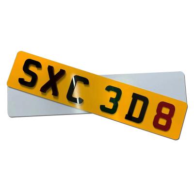 China Acrylic Custom UK Blank Acrylic Car Number Plate Acrylic License Plate with 4D Letter Digits and Yellow White Reflective Films for sale