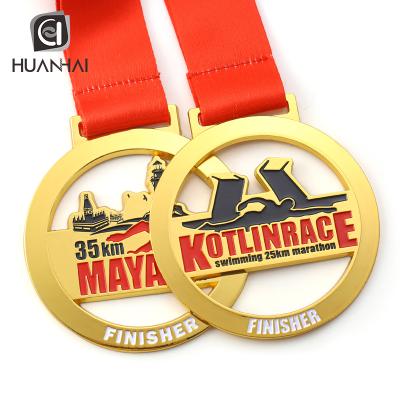 China Europe Customized Enamel Logo 25km Marathon Sport Gold Metal Swimming Medals for sale