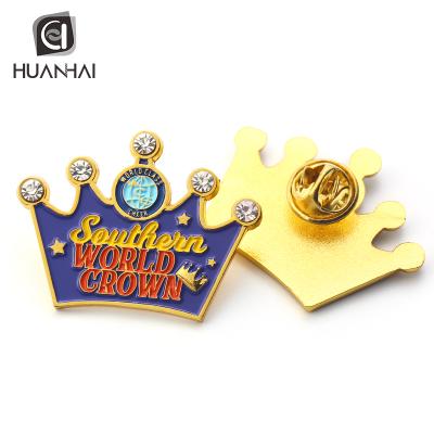 China Custom Europe Gold Plated Metal Enamel Logo Diamond Crown Brooch Lapel Pin for sale