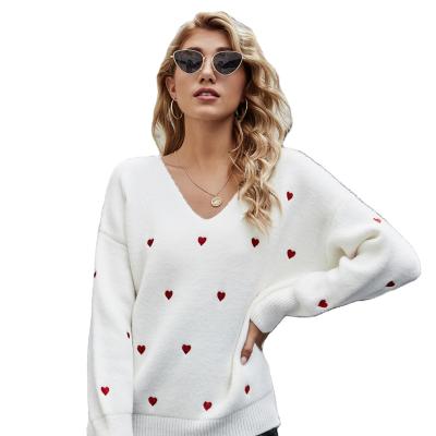 China Anti-wrinkle Love V-Neckline Plus Size Loose Women's Sweater Open Knitted Pullover Sweater for sale