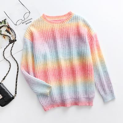 China Anti-wrinkle 2021 autumn and winter pullover round neck sweater rainbow striped loose large size ladies sweater for sale