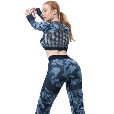 China Breathable Seamless Yoga Set Hollow-out Leggings Fitness Gym Camouflage Sportswear Long Sleeve Yoga Suit Women for sale