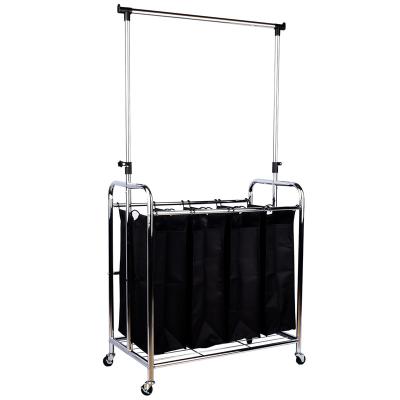 China DRM Eco-friendly Durable Heavy Duty 4-Bag Laundry Basket Sorter Cart With Hanging Bar And Rolling Wheels for sale