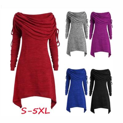 China Autumn Winter Women Casual Breathable Long Sleeve Pleated Irregular Collar Edge Casual Dress Plus Size S-5XL for sale