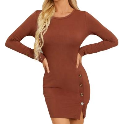 China Breathable Autumn Winter Spring Casual Long Sleeve Women Knitted Sweater Buttons Side Split Pencil Bodycon Dresses for sale