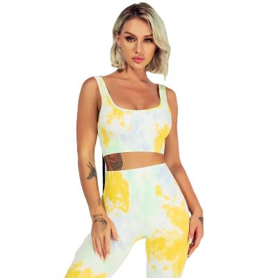 China Nylon Yellow Tummy Control Breathable High Waisted Tie Dye Seamless Yoga Set for sale