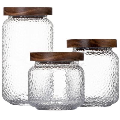 China Environmental protection acacia wood glass storage jar kitchen cereal coffee beans tea sealed transparent storage jar storage jar bottle glass box for sale