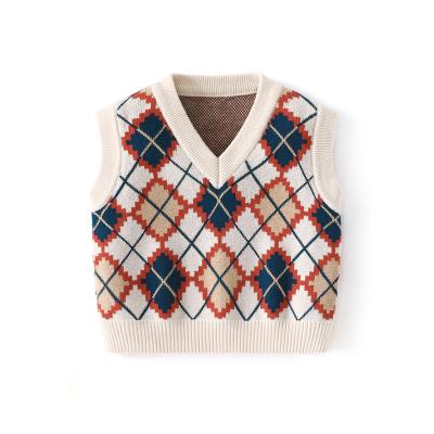 China Wholesale Anti-Shrink Top Custom Kids V-Neck Knit Diamond Knit Plaid Thickened Warm Tops Made in China for sale