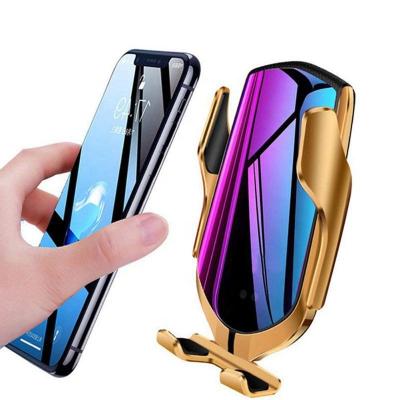 China PC+ABS Vacuum Plating 10W Car Charger R1 Car Phone Holder Mount Qi Wireless Auto Fastening Fast Charging For iPhone Huawei Samsung for sale