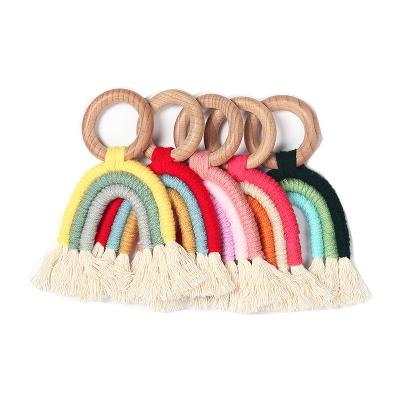 China Rainbow Macrame Teether Wooden Teether Ring Ins Organic Wooden Baby Caregiver Chewing Toy Baby Rainbow Macrame Teether Wooden Teether for sale