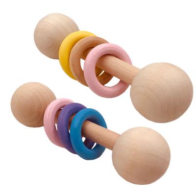 China Amazon Newborn Gift Beech Wood Natural Infant Sensory Practicing Molar Hand Rattle Soothing Baby Teething Ring Grasp Clutching Shake Rattle Toy for sale